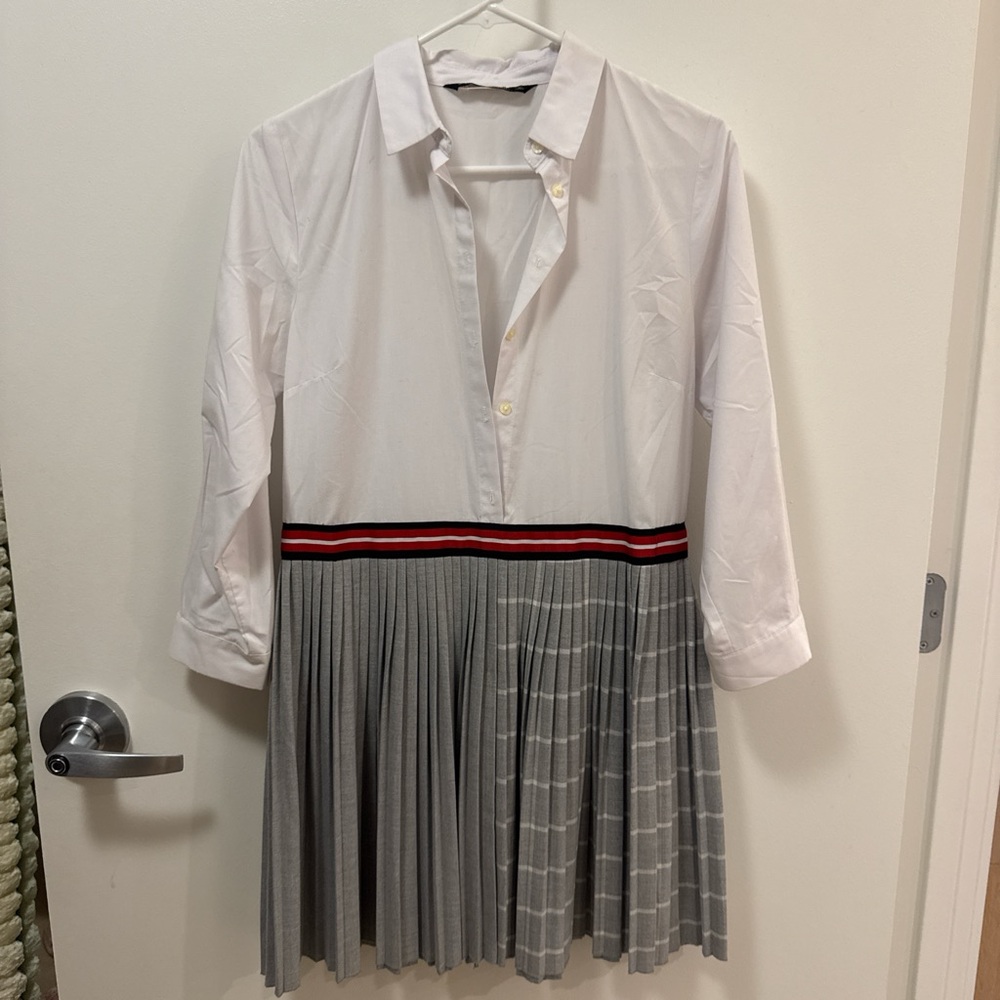 Zara Dress White and Gray Pleated with Red Stripe